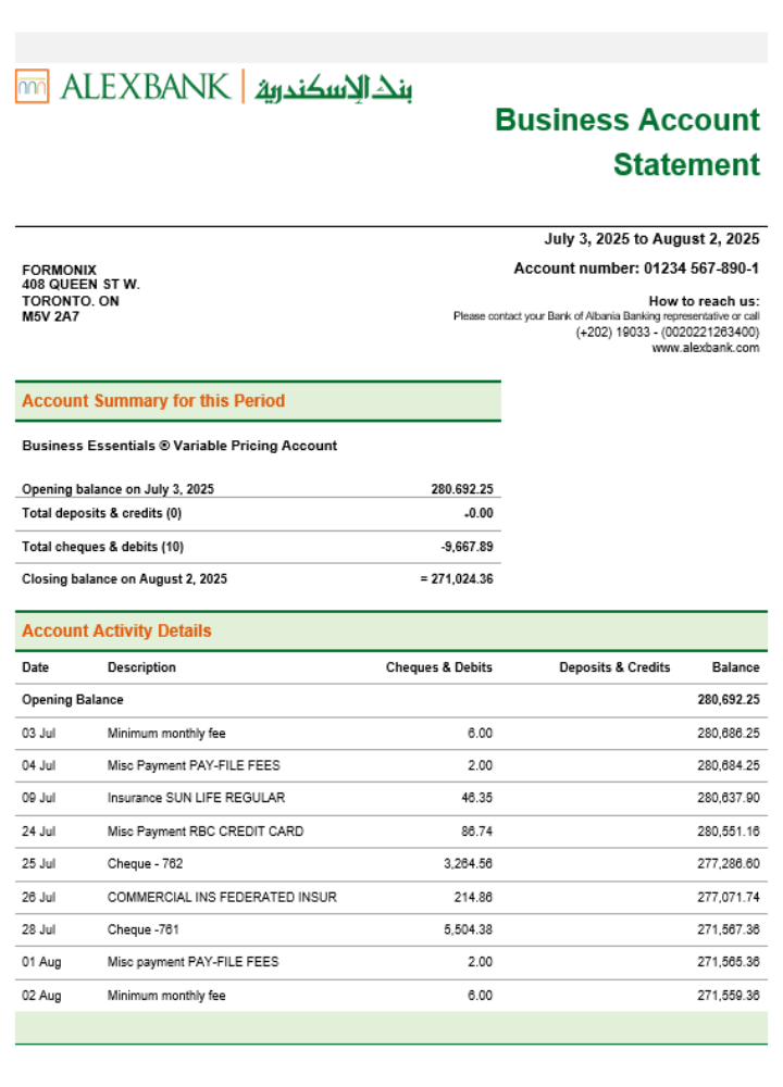 Relevé d'entreprise de la banque Alex Format Word et PDF